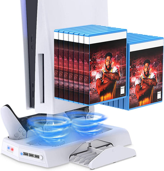 Vertical Stand for PS5 Digital Edition/Ultra HD with Dual Controller Charging Station, Suction Cooling Fan, and 14 Retractable Game Slots - Essential Gaming Accessories for PS5 Console